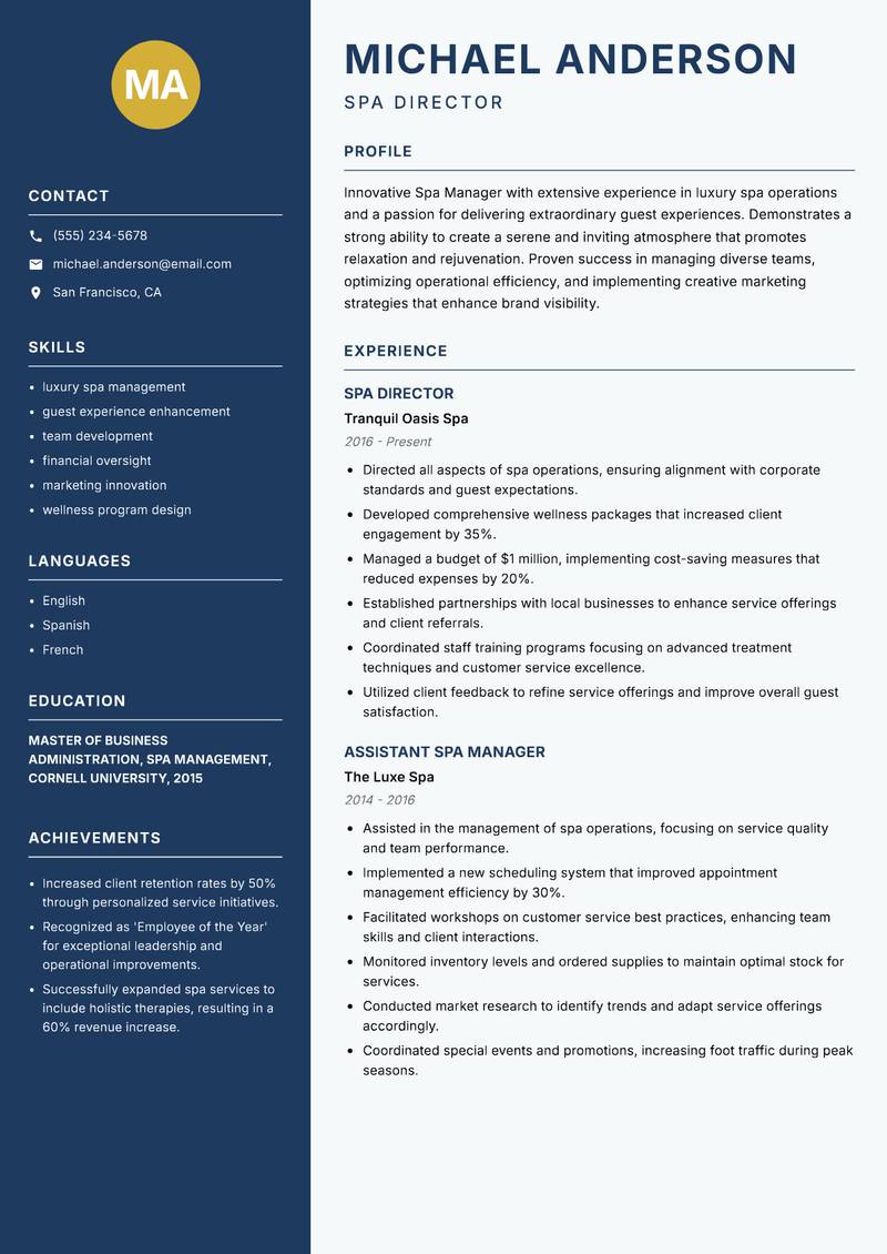 Spa Manager resume template — Classic Clean