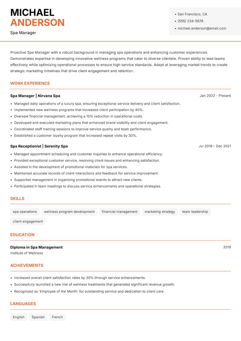 Spa Manager resume template — Modern Professional