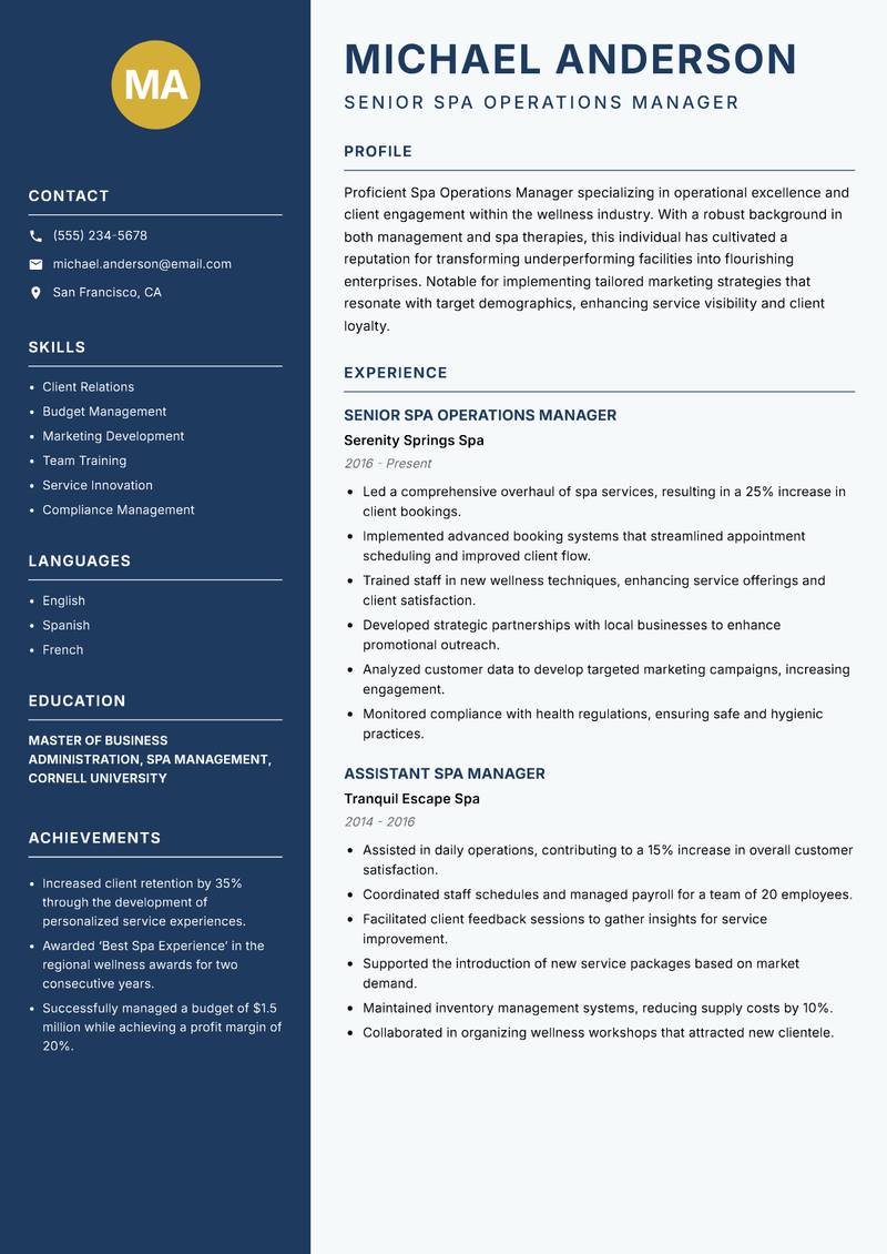 Spa Operations Manager resume template — Classic Clean