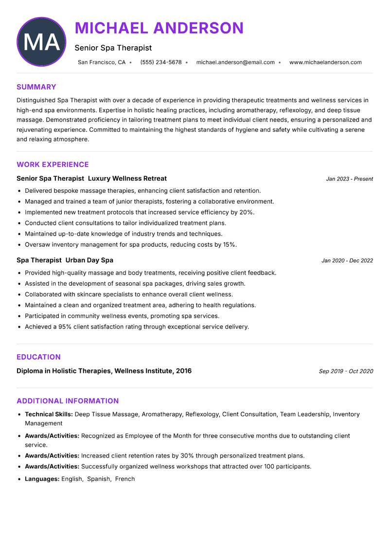 Spa Therapist resume example — ATS-friendly template