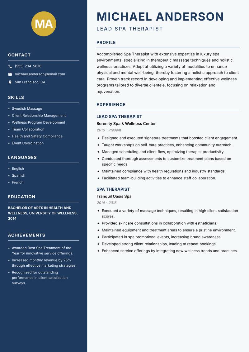 Spa Therapist resume template — Classic Clean