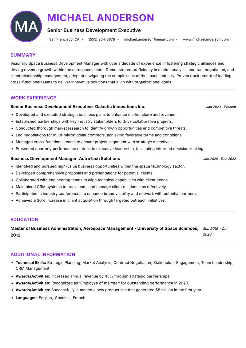 Space Business Development Manager resume example — ATS-friendly template