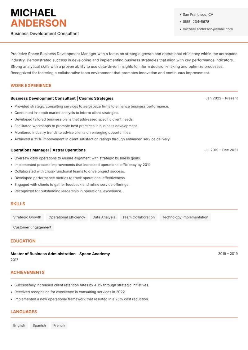 Space Business Development Manager resume template — Modern Professional