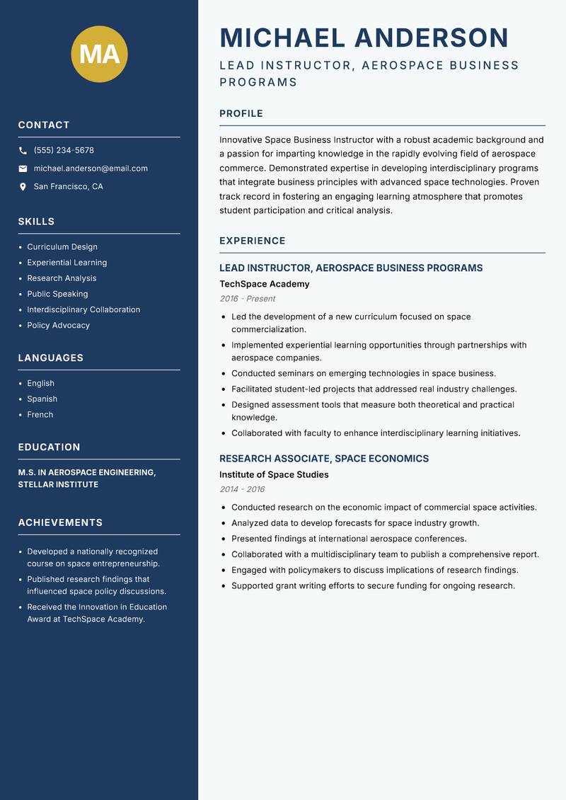 Space Business Instructor resume template — Classic Clean