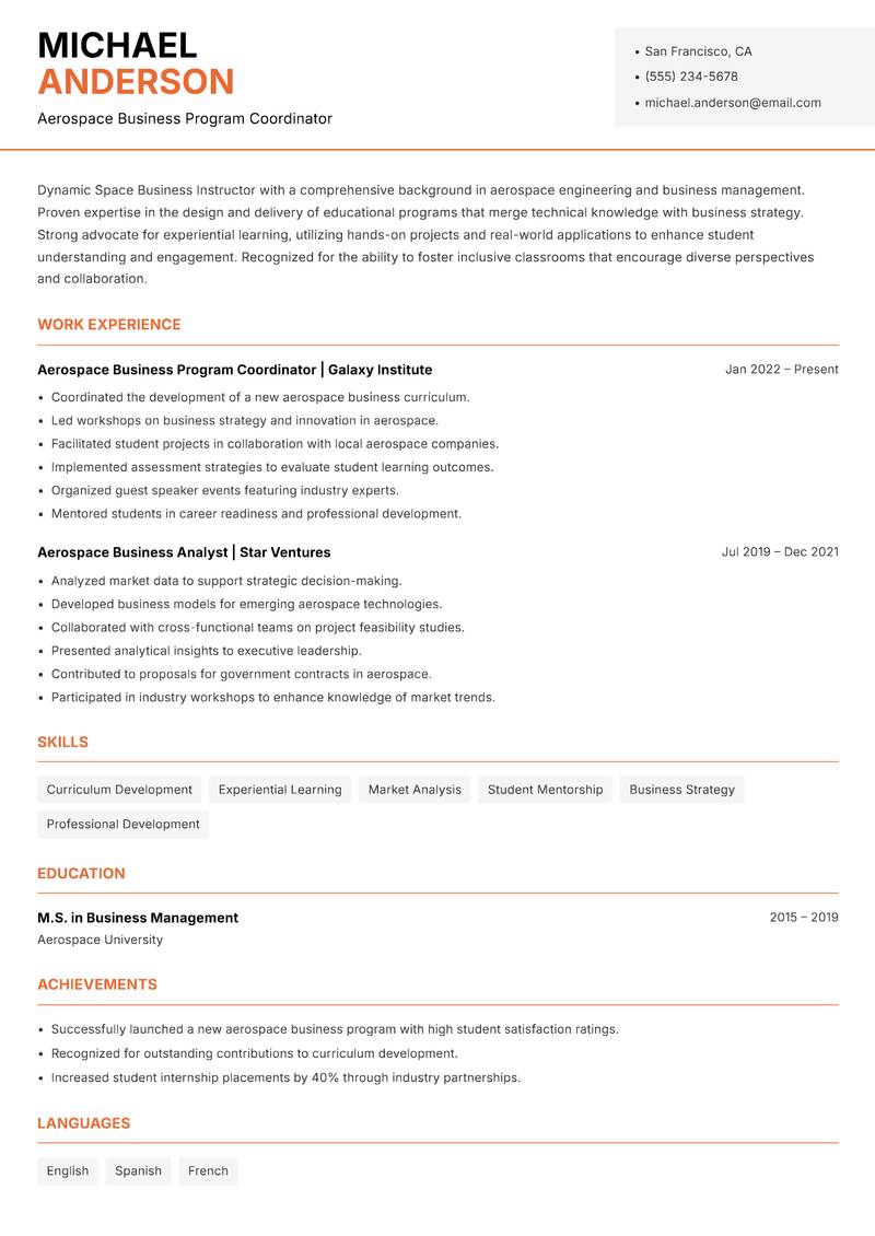Space Business Instructor resume template — Modern Professional