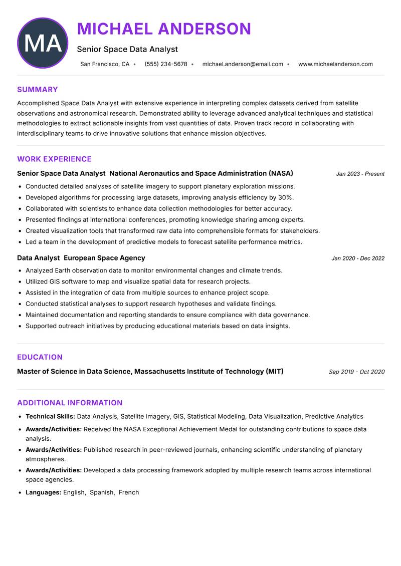 Space Data Analyst resume example — ATS-friendly template