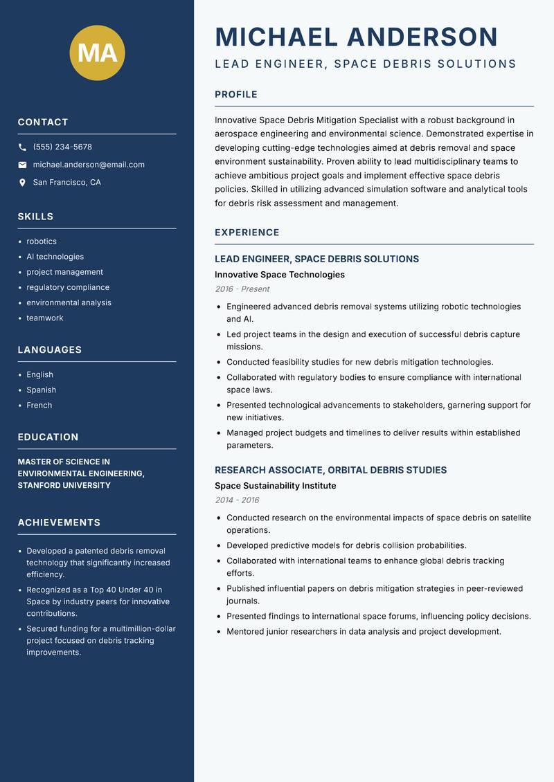 Space Debris Mitigation Specialist resume template — Classic Clean