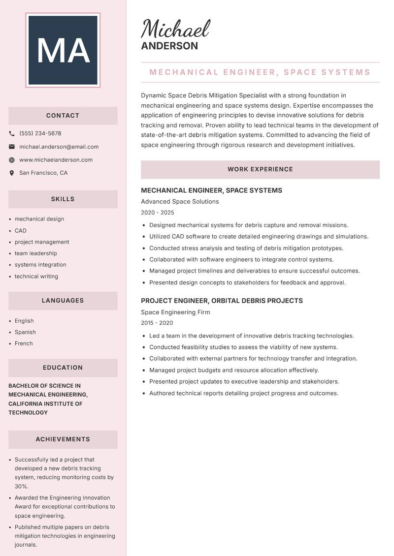Space Debris Mitigation Specialist resume template — Executive