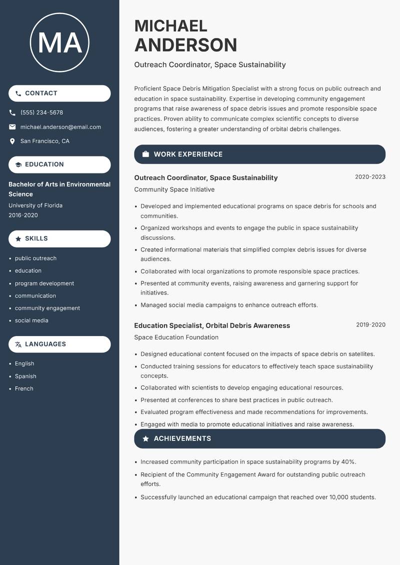 Space Debris Mitigation Specialist resume template — Compact