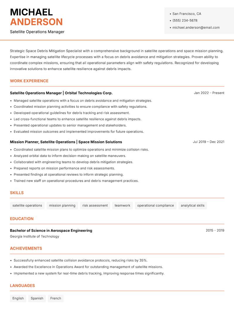 Space Debris Mitigation Specialist resume template — Modern Professional