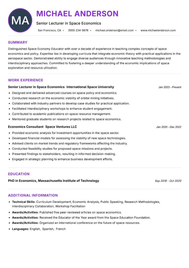 Space Economy Educator resume example — ATS-friendly template