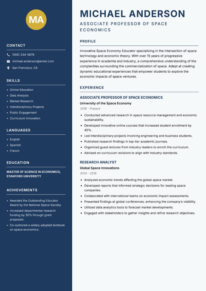 Space Economy Educator resume template — Classic Clean
