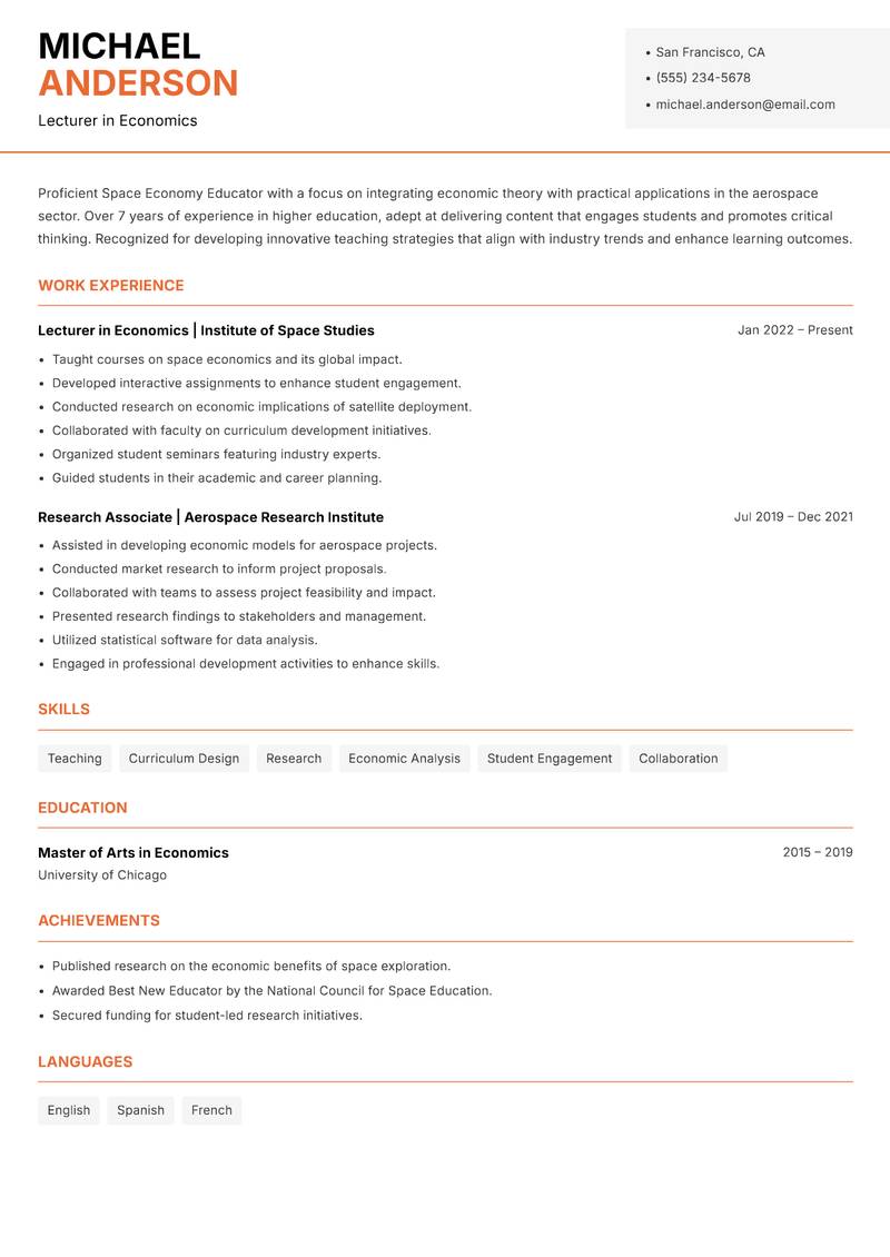 Space Economy Educator resume template — Modern Professional