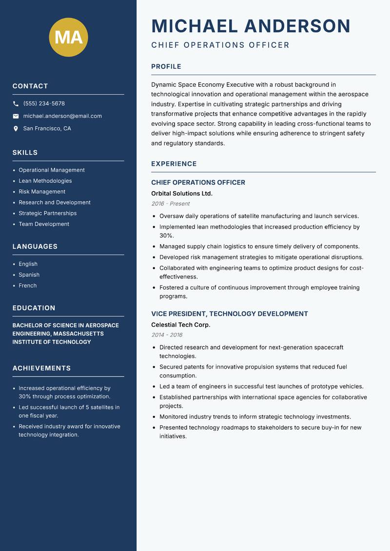 Space Economy Executive resume template — Classic Clean