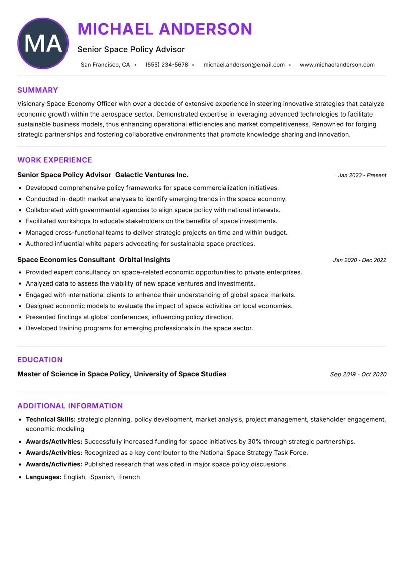 Space Economy Officer resume example — ATS-friendly template