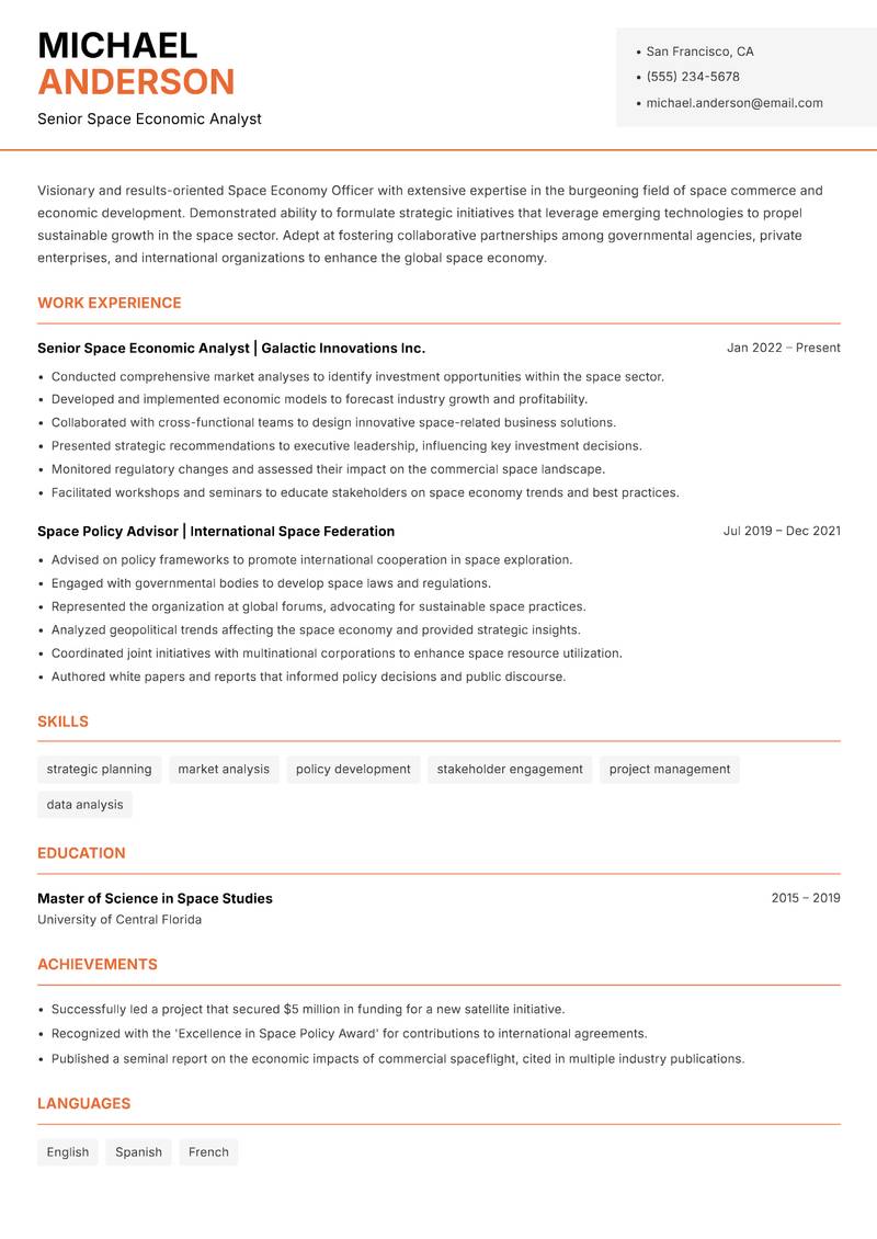 Space Economy Officer resume template — Modern Professional