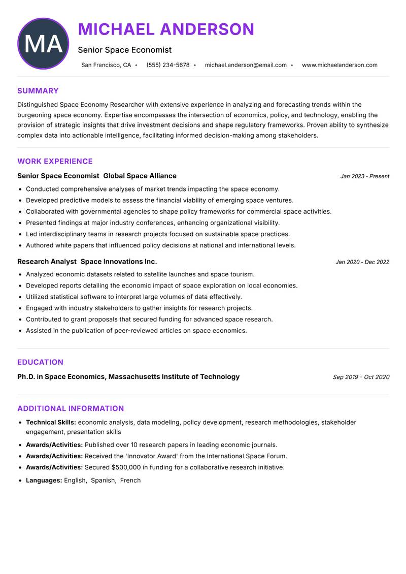Space Economy Researcher resume example — ATS-friendly template