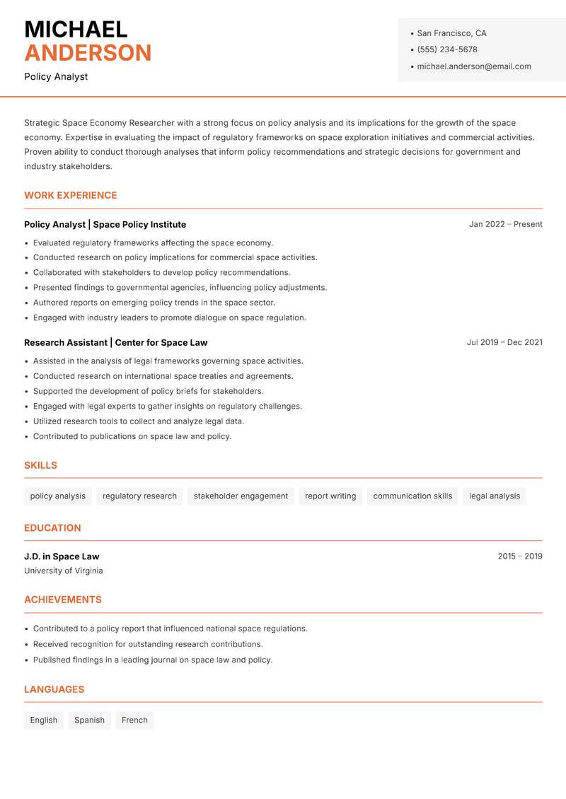 Space Economy Researcher resume template — Modern Professional