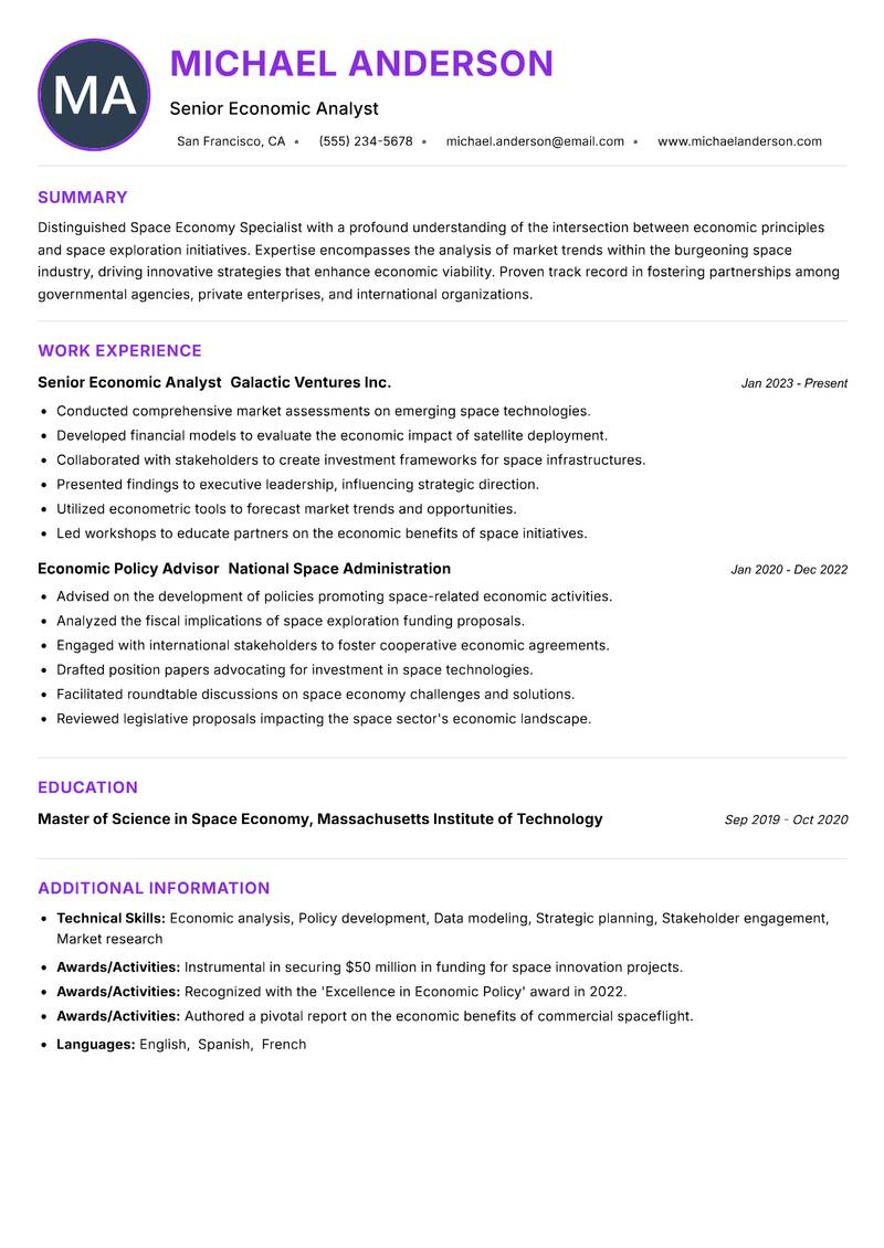 Space Economy Specialist resume example — ATS-friendly template