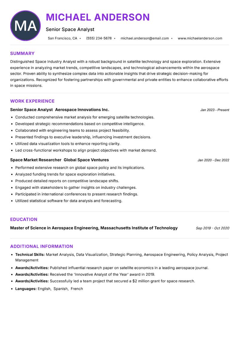 Space Industry Analyst resume example — ATS-friendly template