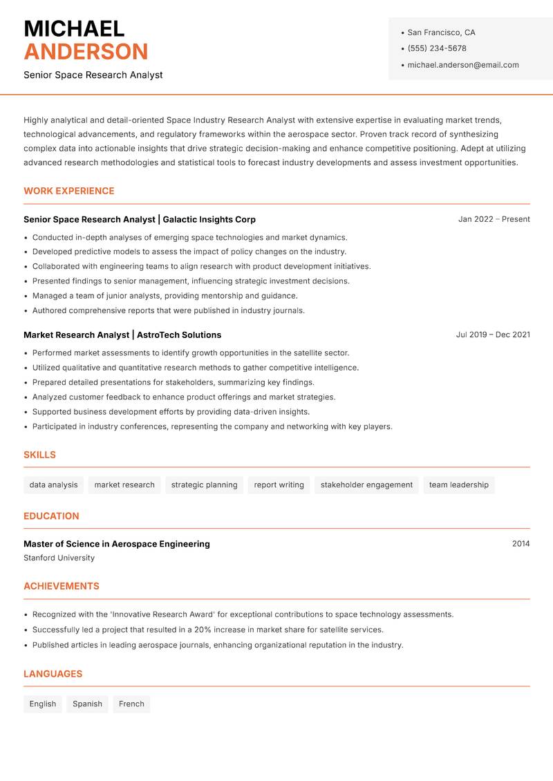 Space Industry Research Analyst resume template — Modern Professional