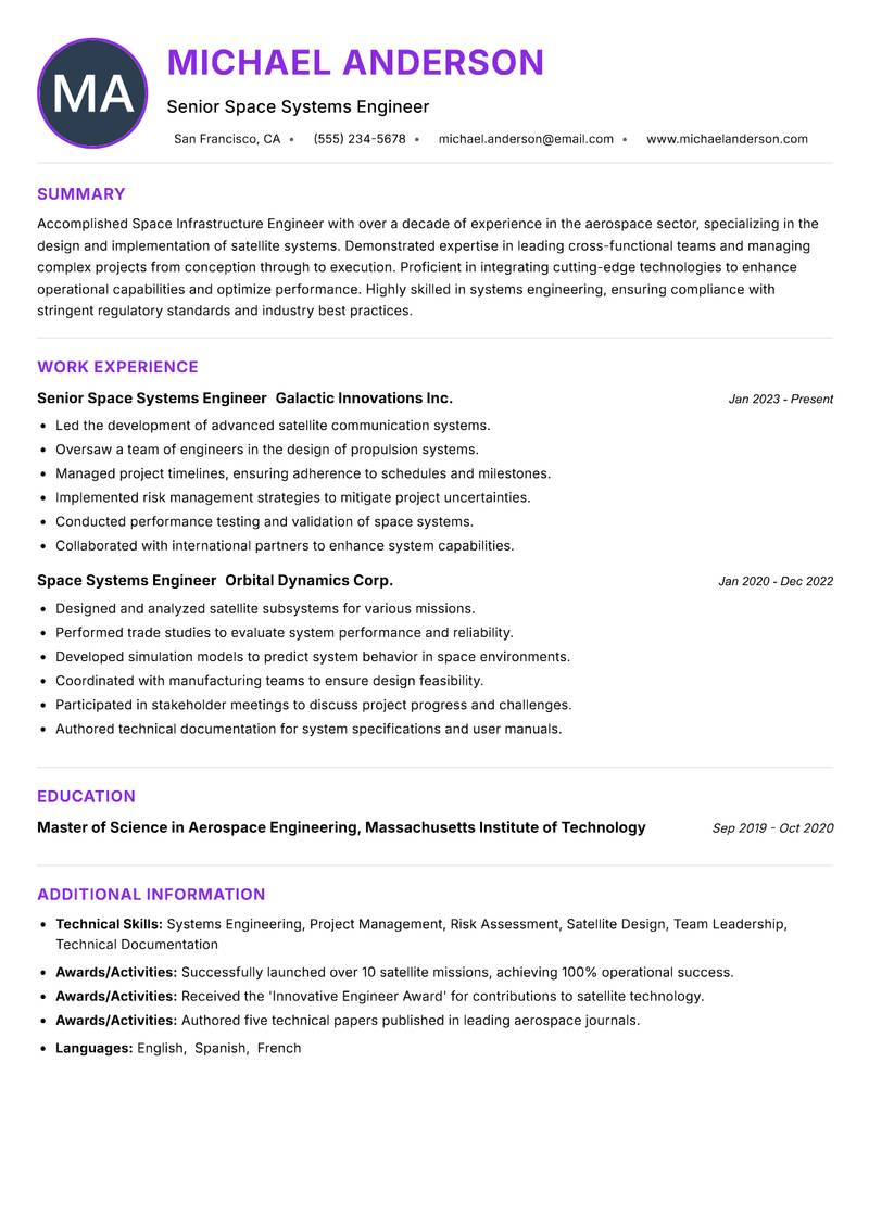 Space Infrastructure Engineer resume example — ATS-friendly template