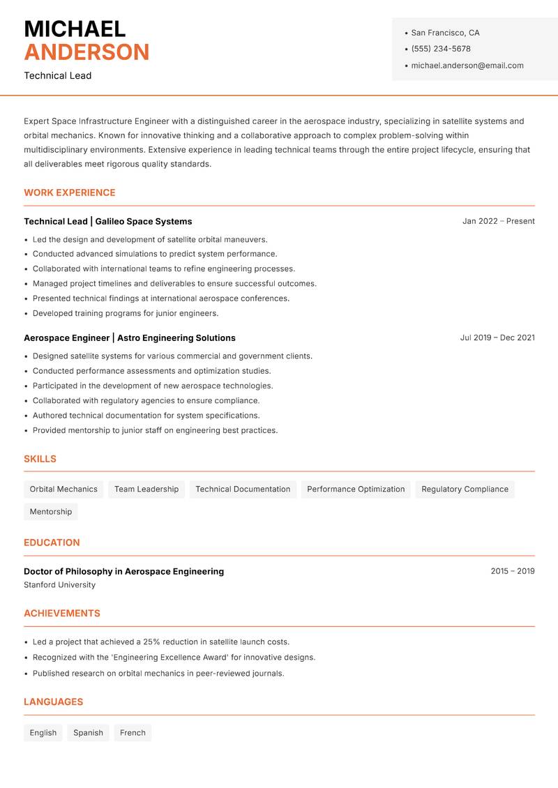 Space Infrastructure Engineer resume template — Modern Professional