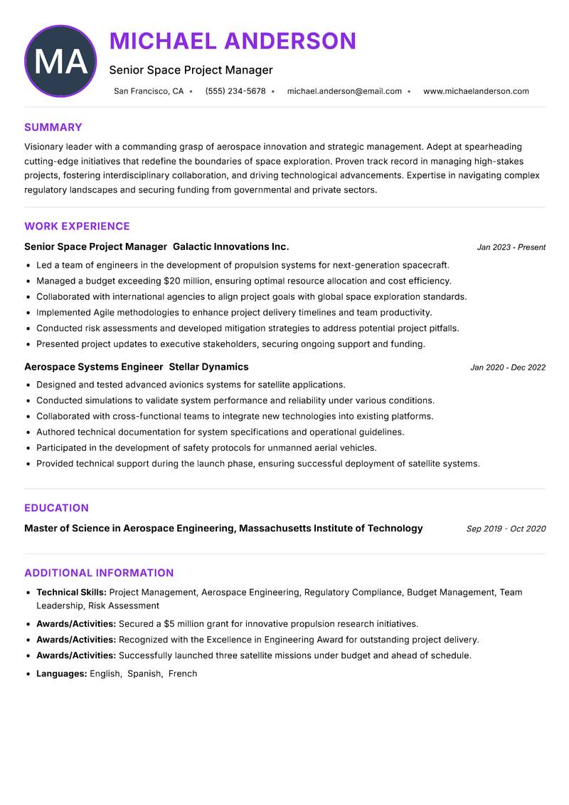 Space Innovation Manager resume example — ATS-friendly template