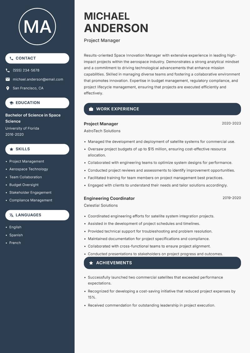 Space Innovation Manager resume template — Compact