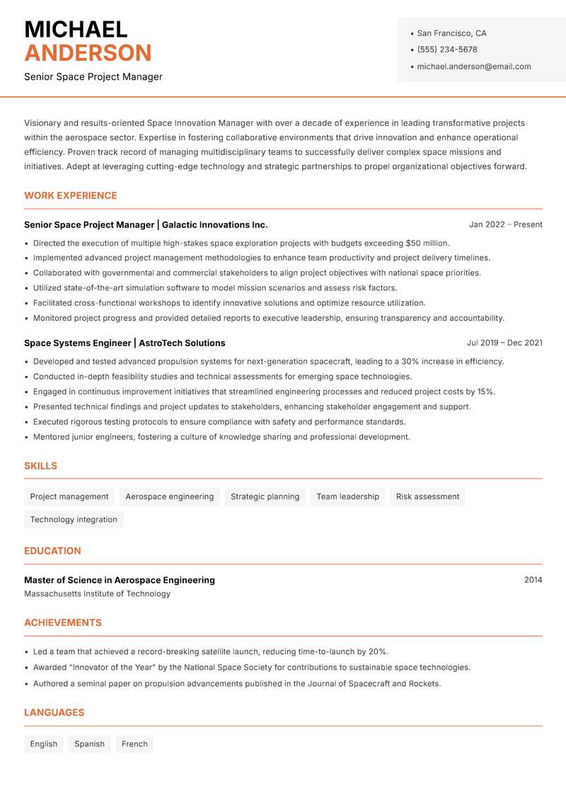 Space Innovation Manager resume template — Modern Professional