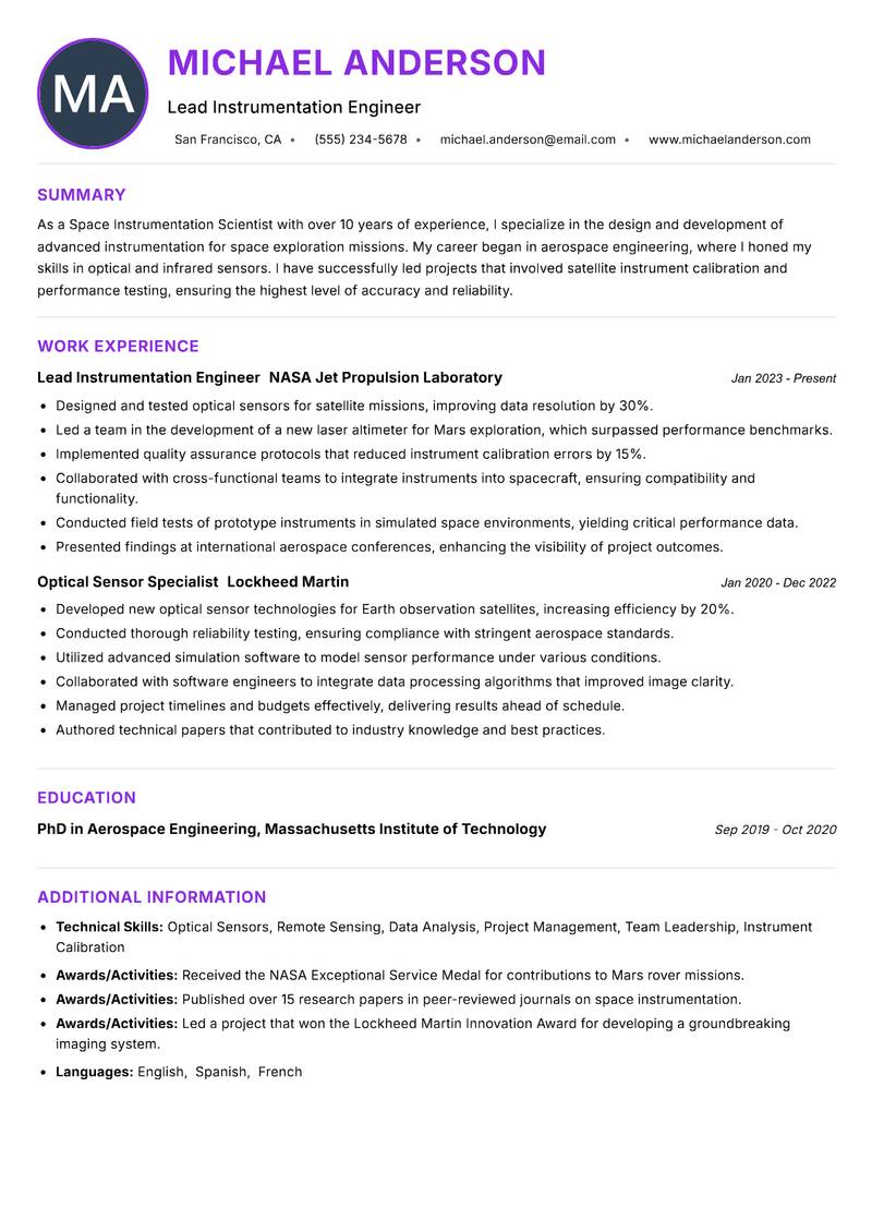 Space Instrumentation Scientist resume example — ATS-friendly template