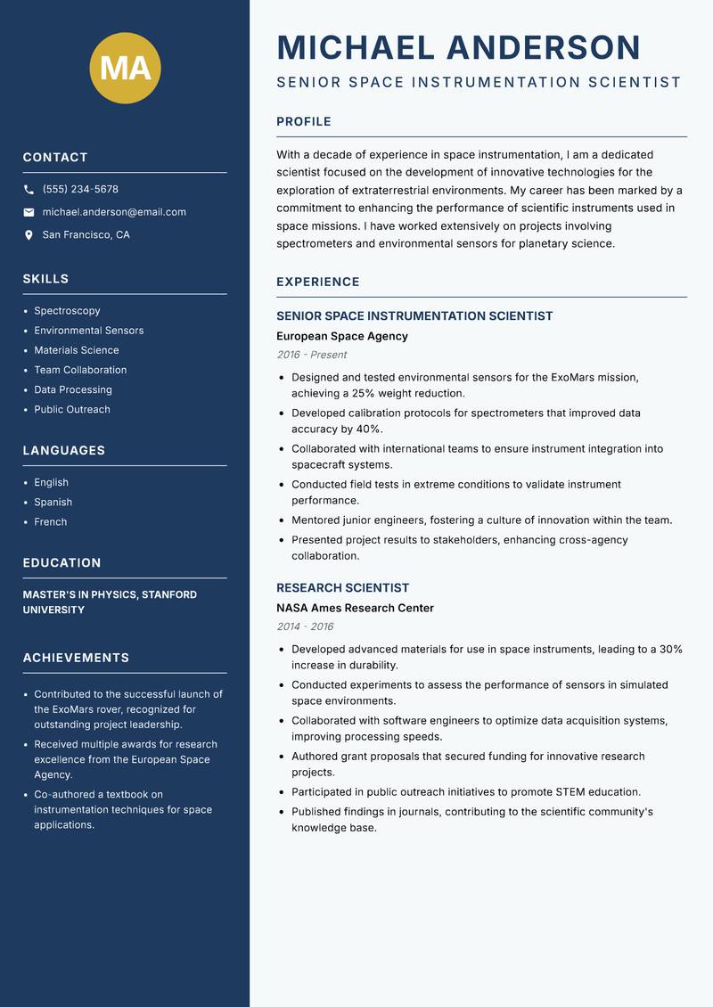 Space Instrumentation Scientist resume template — Classic Clean