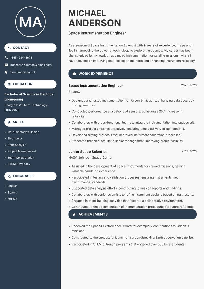 Space Instrumentation Scientist resume template — Compact