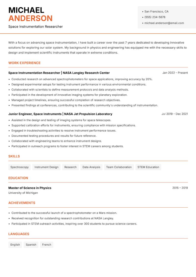 Space Instrumentation Scientist resume template — Modern Professional