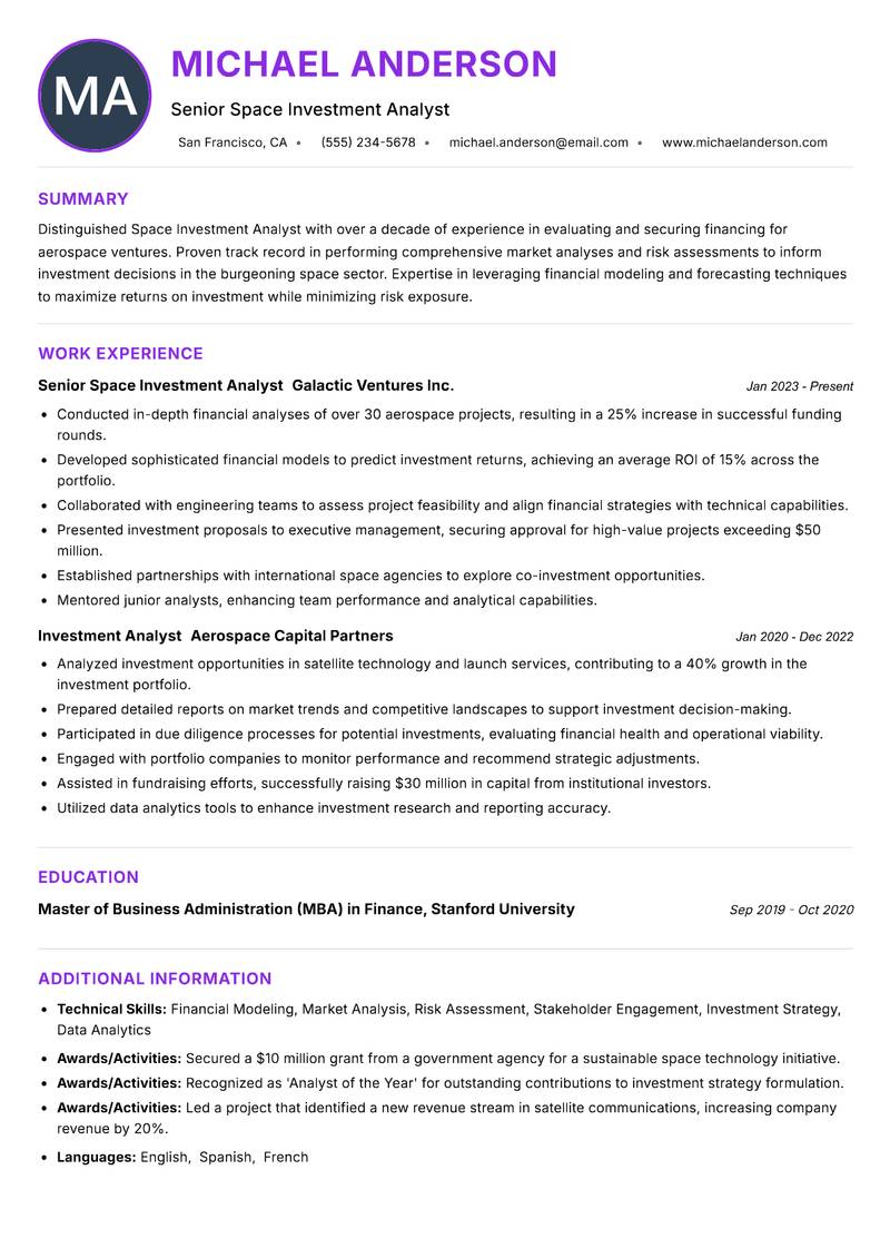 Space Investment Analyst resume example — ATS-friendly template