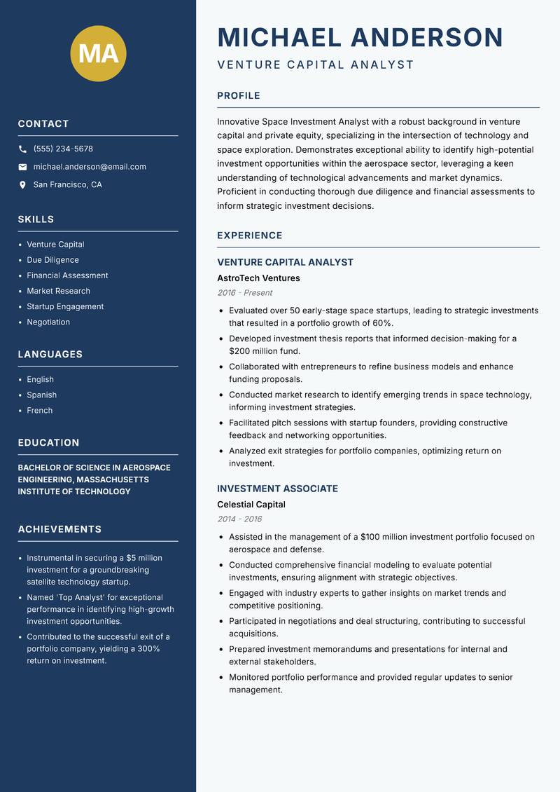 Space Investment Analyst resume template — Classic Clean