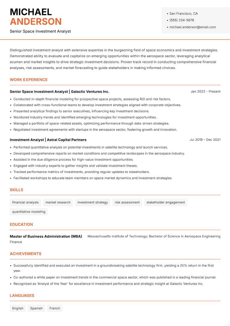 Space Investment Analyst resume template — Modern Professional