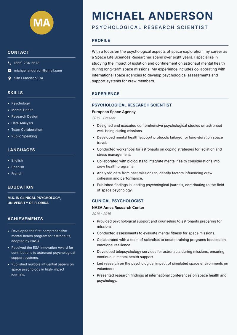 Space Life Sciences Researcher resume template — Classic Clean