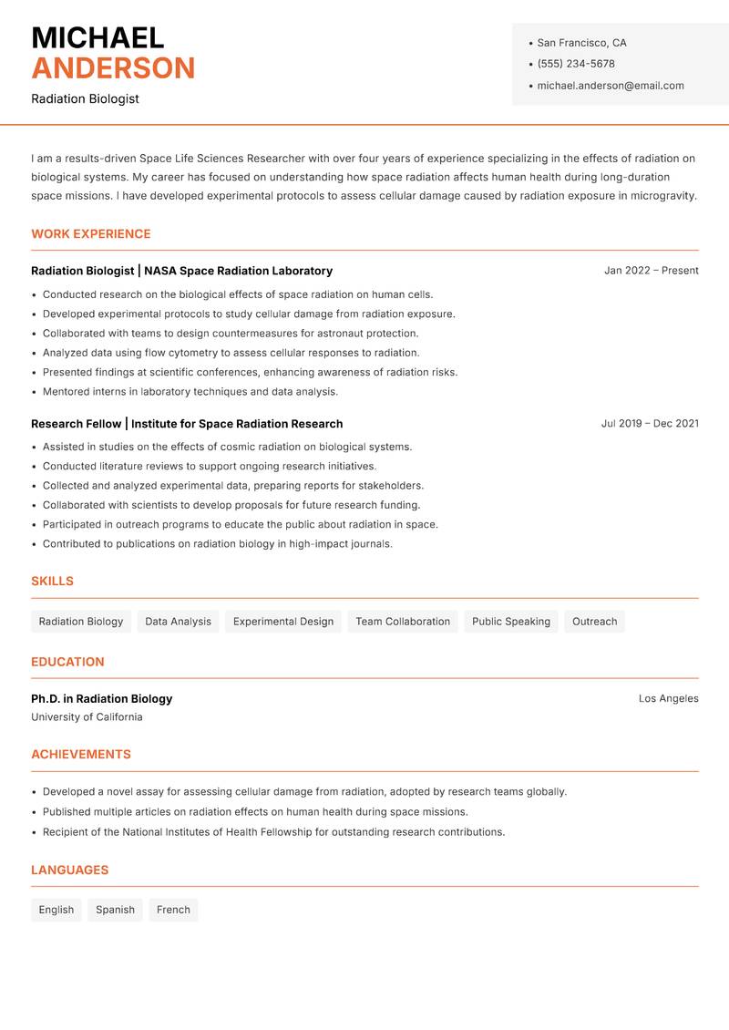 Space Life Sciences Researcher resume template — Modern Professional