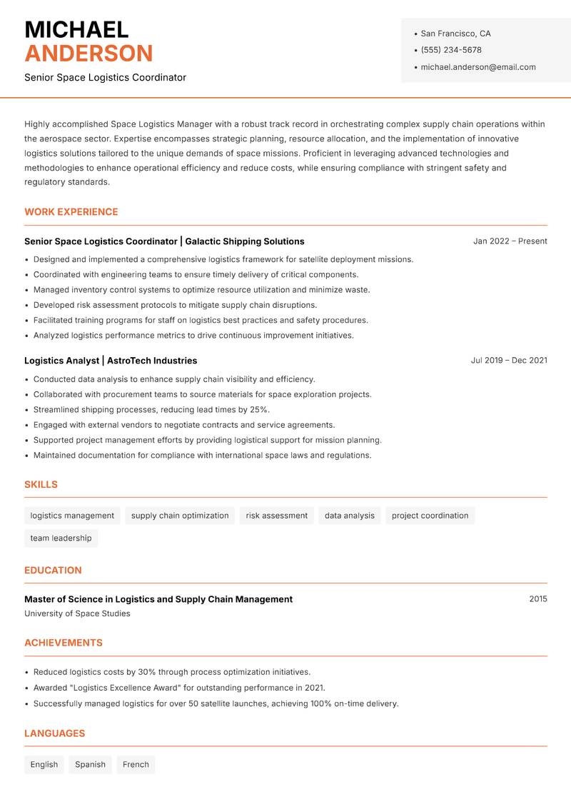 Space Logistics Manager resume template — Modern Professional