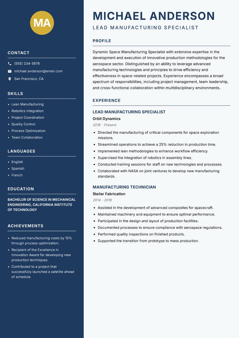 Space Manufacturing Specialist resume template — Classic Clean
