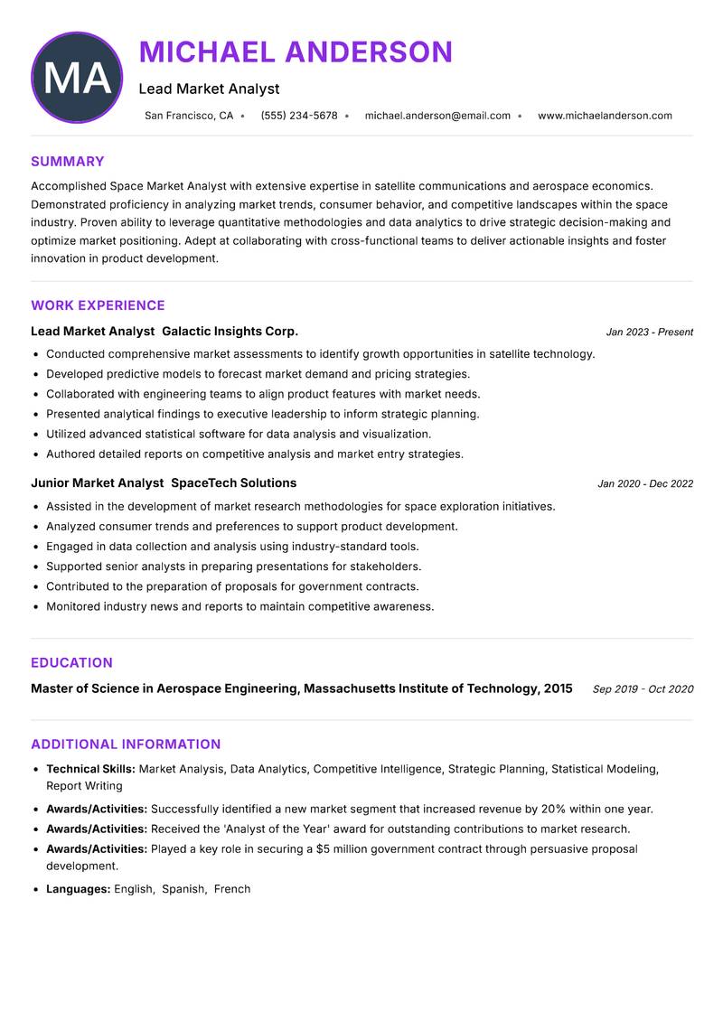 Space Market Analyst resume example — ATS-friendly template