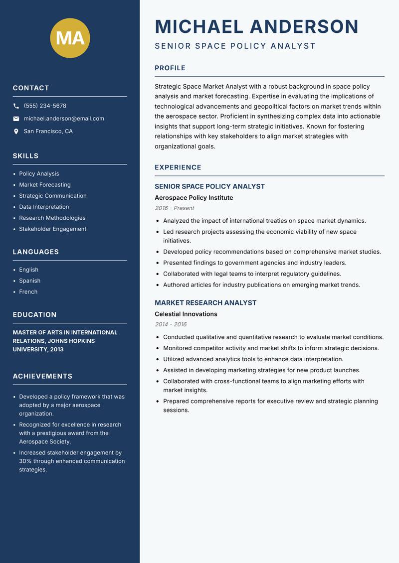 Space Market Analyst resume template — Classic Clean