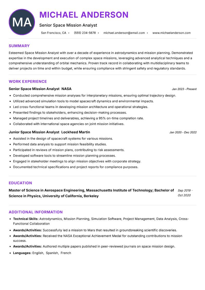 Space Mission Analyst resume example — ATS-friendly template