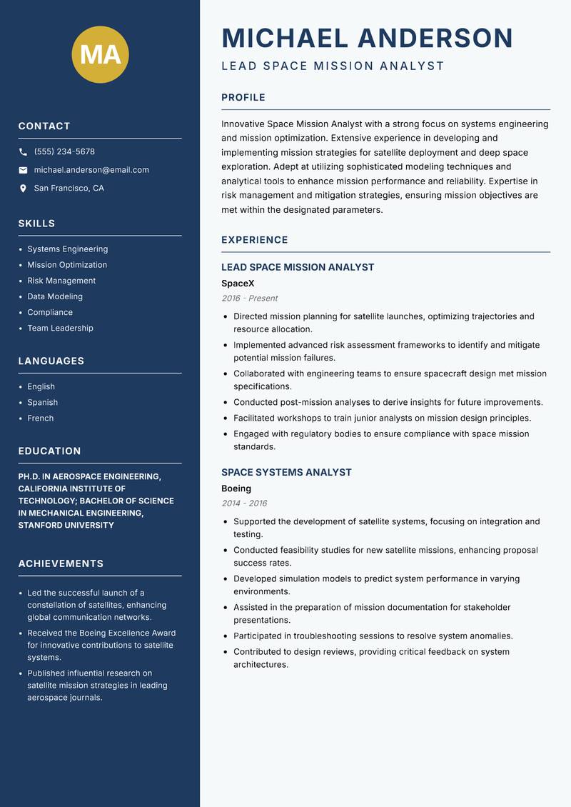 Space Mission Analyst resume template — Classic Clean