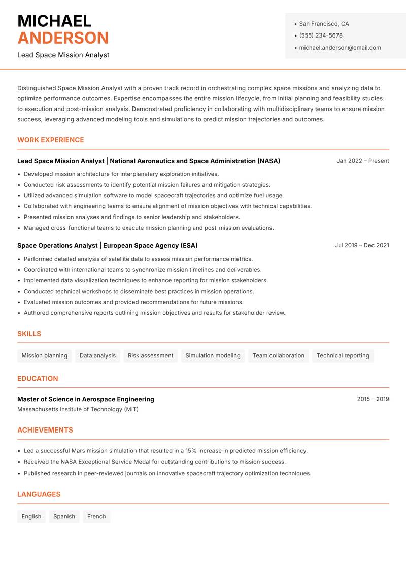 Space Mission Analyst resume template — Modern Professional