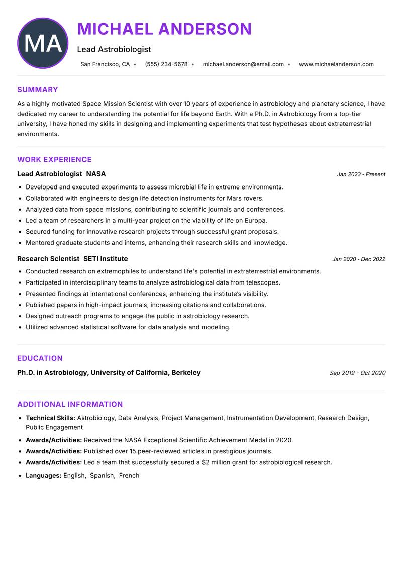 Space Mission Scientist resume example — ATS-friendly template