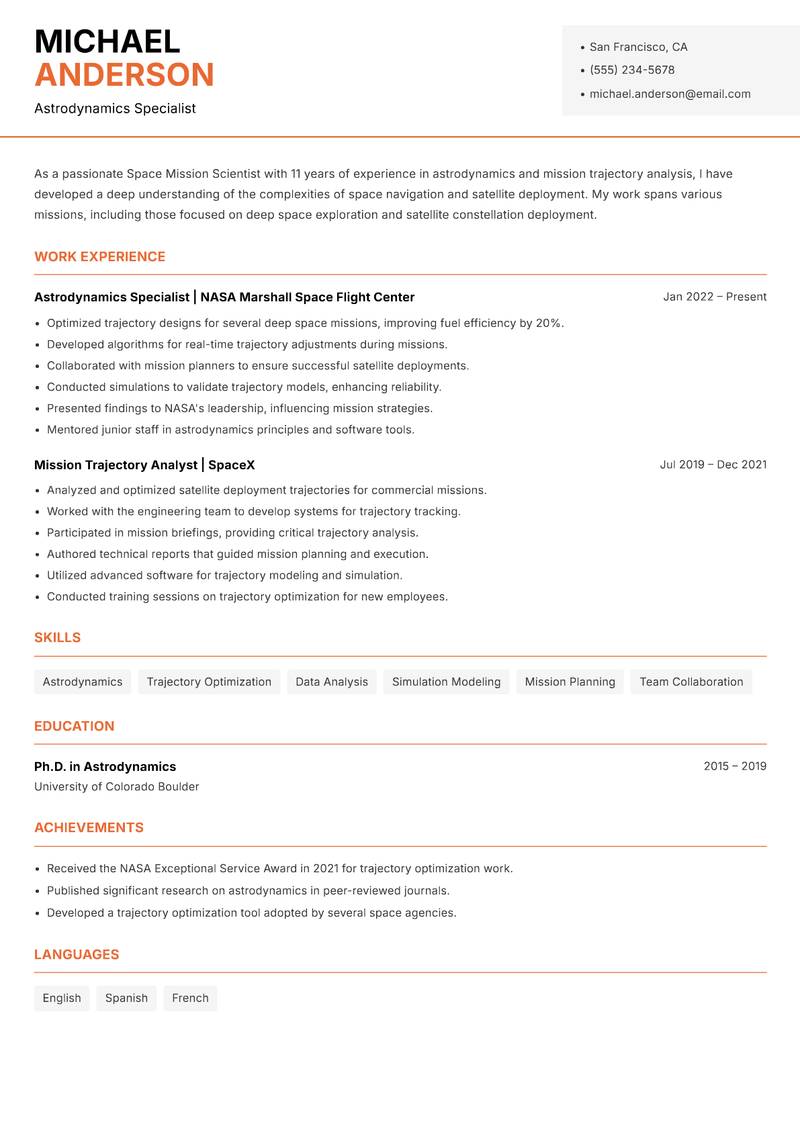 Space Mission Scientist resume template — Modern Professional