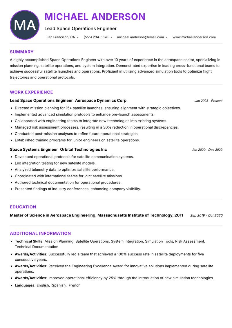 Space Operations Engineer resume example — ATS-friendly template