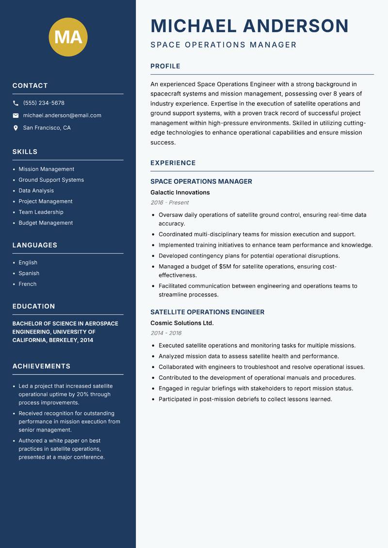 Space Operations Engineer resume template — Classic Clean